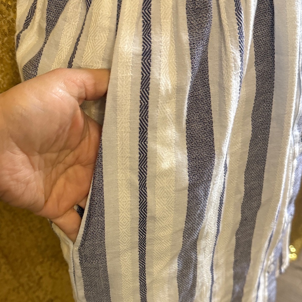 Japna Blue-White Striped Dress button front closure and cinched waist with tie - Picture 3 of 11
